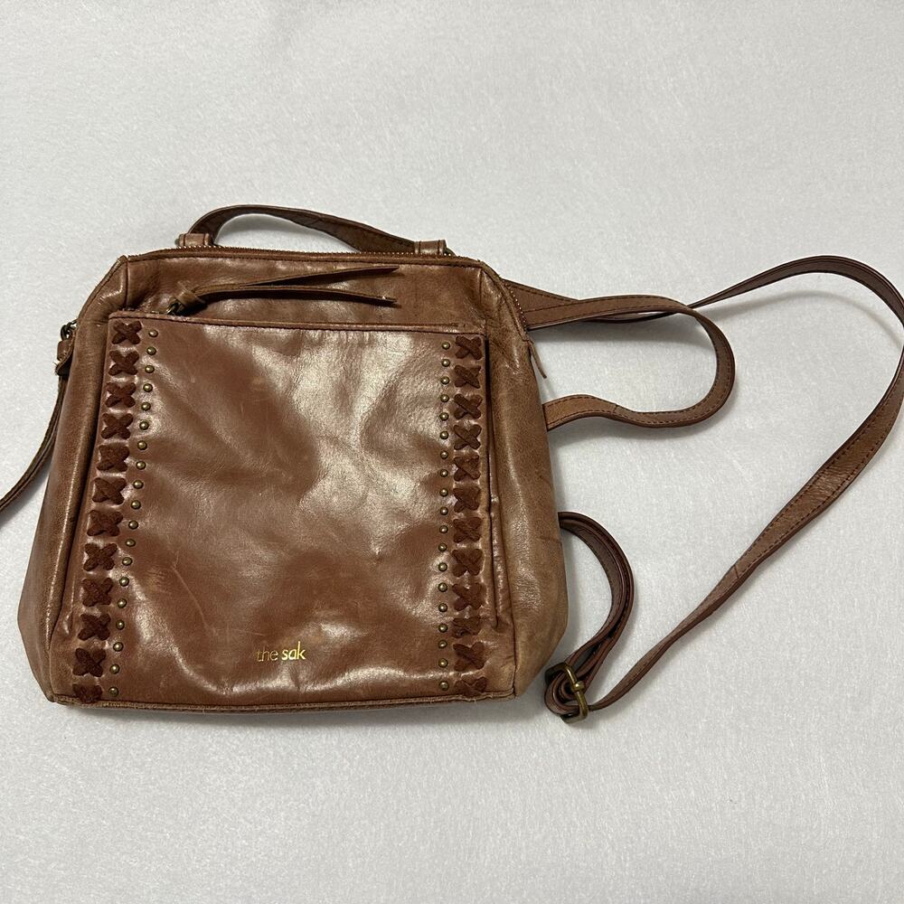 The Sak Mini Brown Leather Convertible Backpack Crossbody Bohemian Stitch